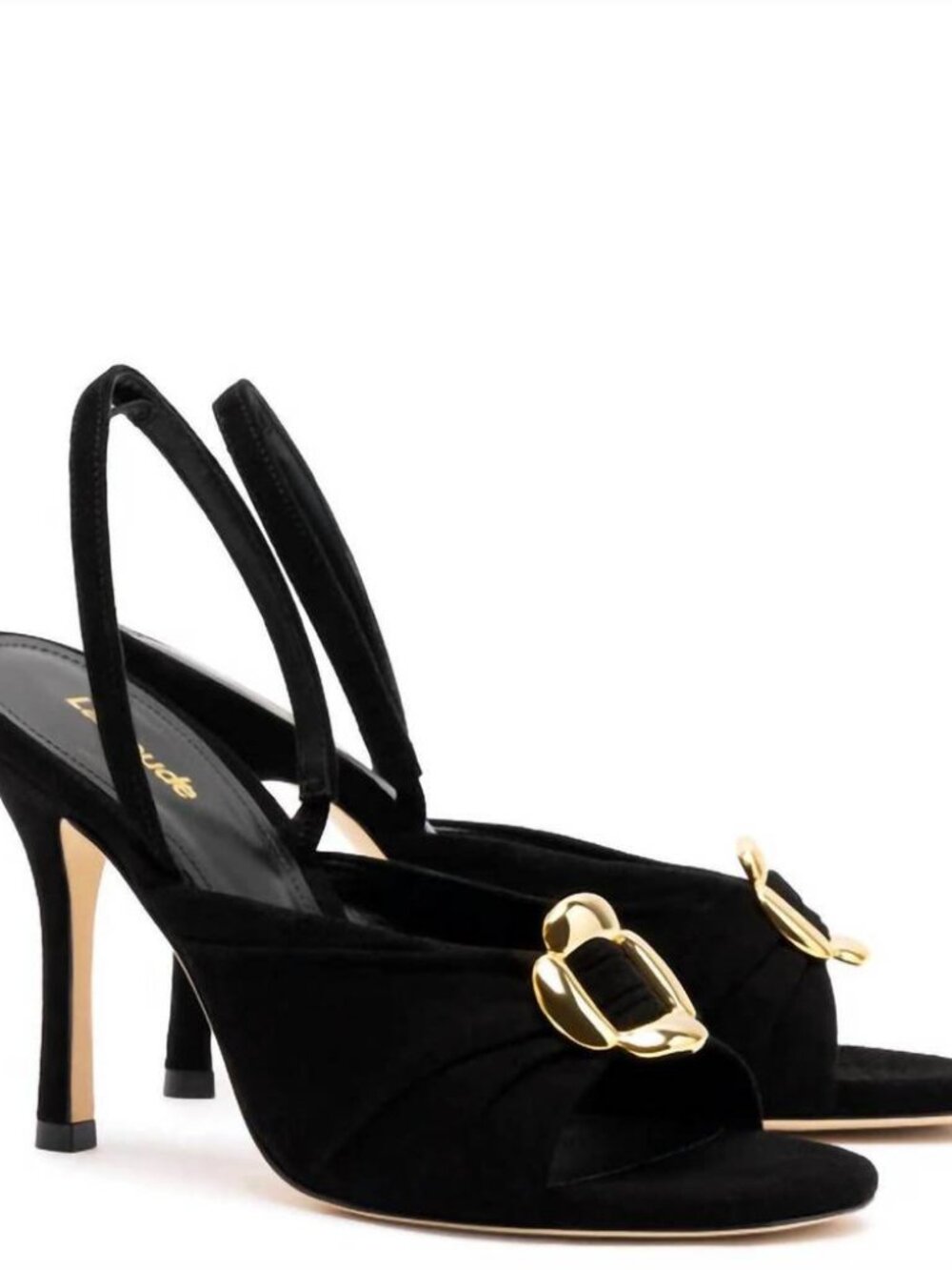 Womens Larroude Mayfair Black Suede Gold Buckle Open Toe Slingback Heel 9
